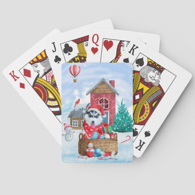 Siberian Husky Dog In snow Christmas Dog House Poker Cards (Back)