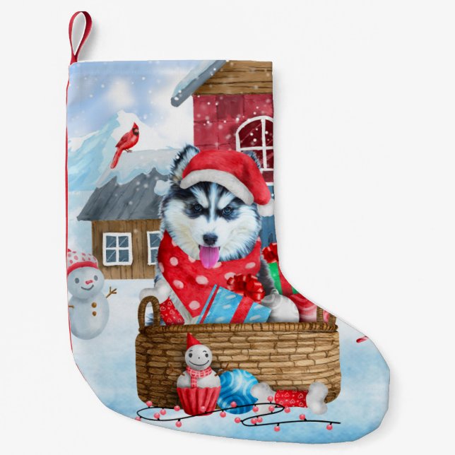 Siberian Husky Dog In snow Christmas Dog House Small Christmas Stocking (Front)