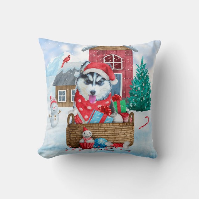 Siberian Husky Dog In snow Christmas Dog House Throw Pillow (Front)