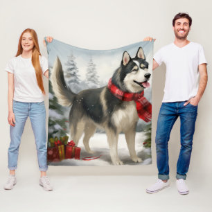 Siberian Husky Dog in Snow Christmas Fleece Blanket