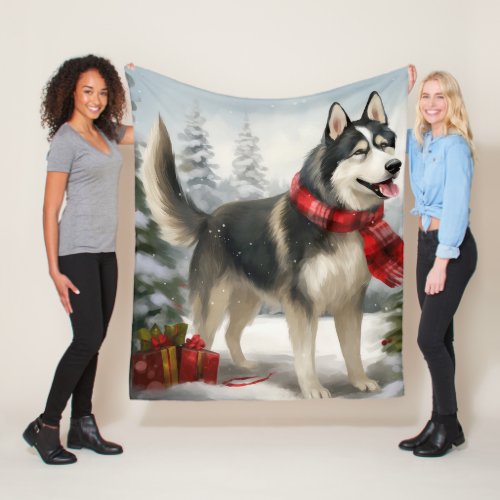 Siberian Husky Dog in Snow Christmas Fleece Blanket