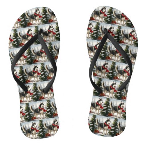 Siberian Husky Dog in Snow Christmas Flip Flops