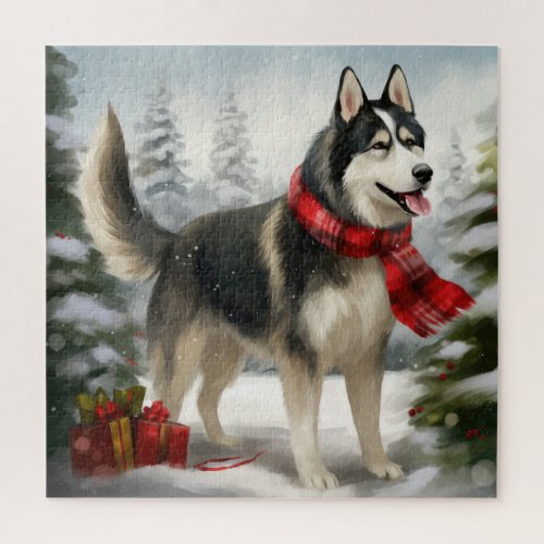 Siberian Husky Dog in Snow Christmas Jigsaw Puzzle