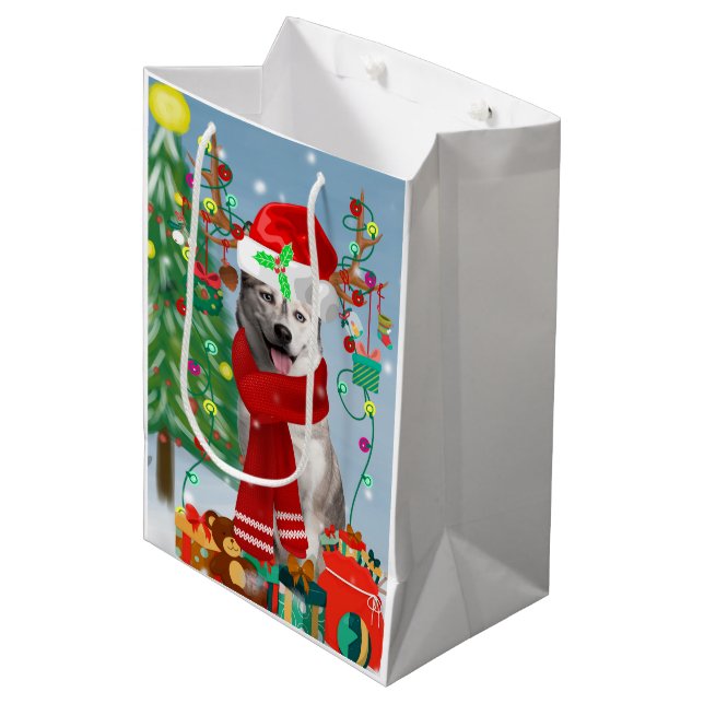 Siberian Husky Dog in Snow Christmas Medium Gift Bag (Front Angled)