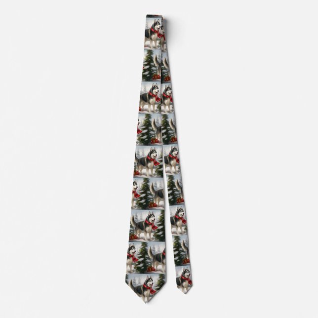 Siberian Husky Dog in Snow Christmas Neck Tie (Front)