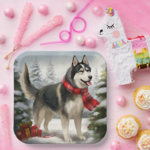 Siberian Husky Dog in Snow Christmas Paper Plates