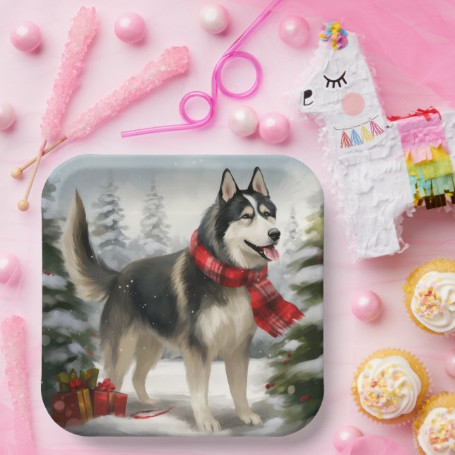 Siberian Husky Dog in Snow Christmas Paper Plates (Party)