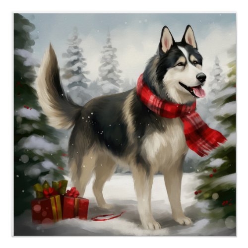 Siberian Husky Dog in Snow Christmas Poster