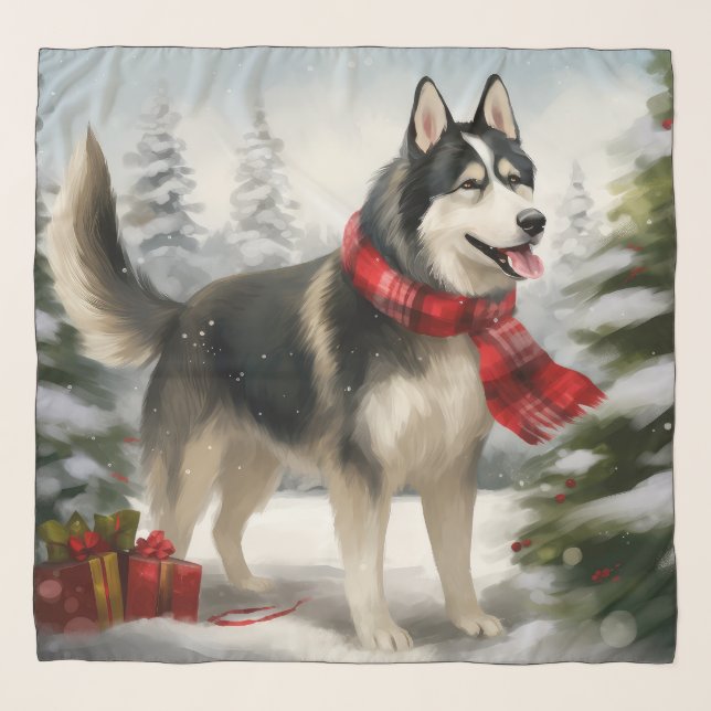 Siberian Husky Dog in Snow Christmas Scarf (Front)