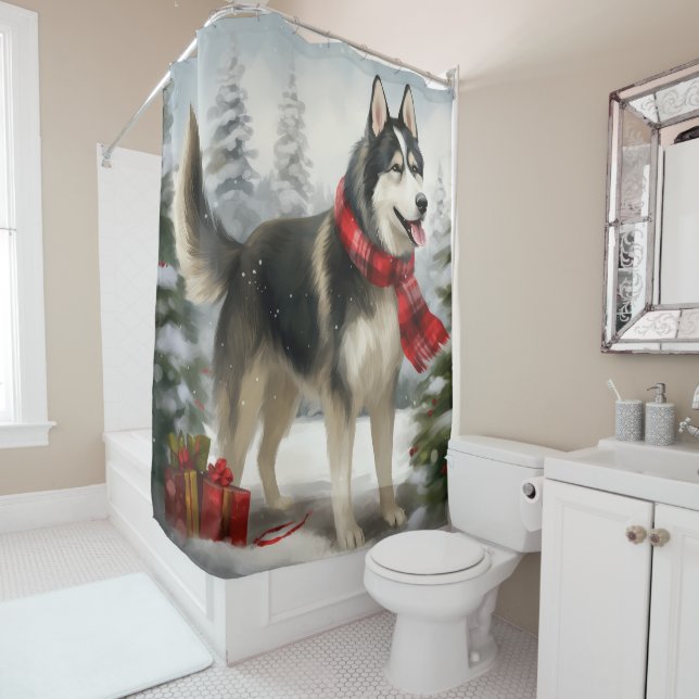 Siberian Husky Dog in Snow Christmas Shower Curtain (In Situ)