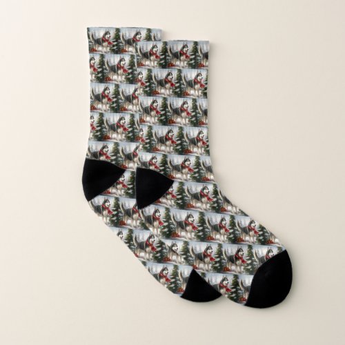 Siberian Husky Dog in Snow Christmas Socks