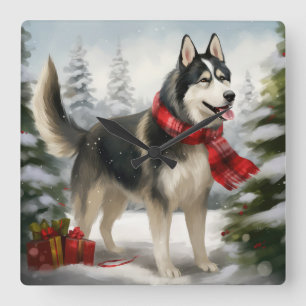 Siberian Husky Dog in Snow Christmas Square Wall Clock