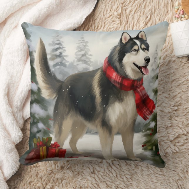 Siberian Husky Dog in Snow Christmas Throw Pillow (Blanket)