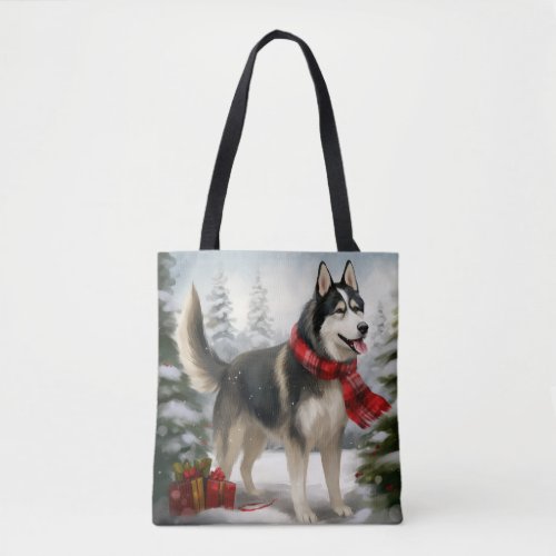 Siberian Husky Dog in Snow Christmas Tote Bag