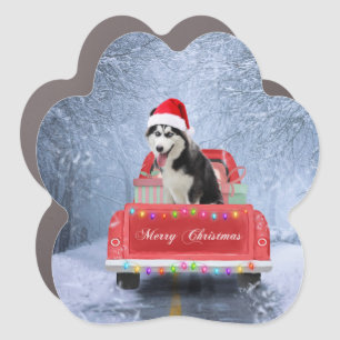 Siberian Husky Dog in Snow sitting Christmas Truck Car Magnet