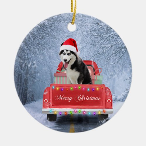 Siberian Husky Dog in Snow sitting Christmas Truck Ceramic Ornament