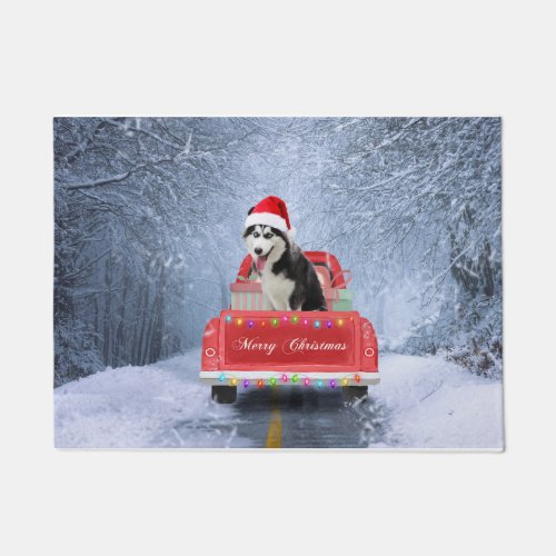 Siberian Husky Dog in Snow sitting Christmas Truck Doormat