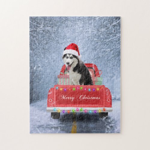 Siberian Husky Dog in Snow sitting Christmas Truck Jigsaw Puzzle