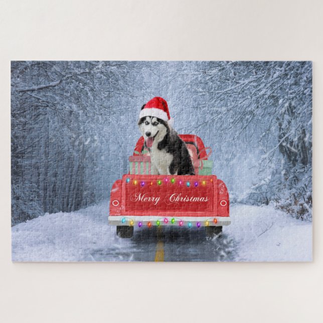 Siberian Husky Dog in Snow sitting Christmas Truck Jigsaw Puzzle (Horizontal)