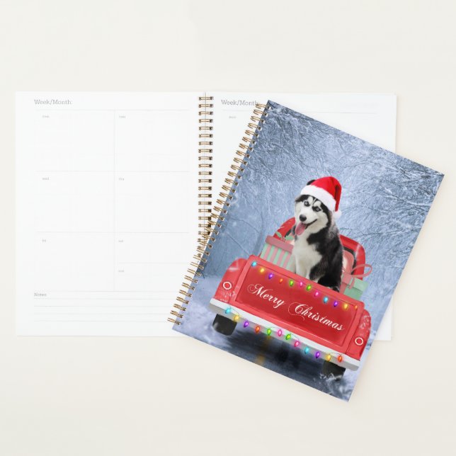 Siberian Husky Dog in Snow sitting Christmas Truck Planner (Display)