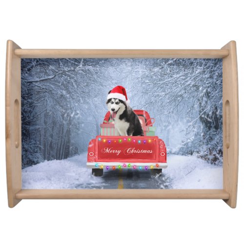 Siberian Husky Dog in Snow sitting Christmas Truck Serving Tray