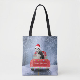 Siberian Husky Dog in Snow sitting Christmas Truck Tote Bag