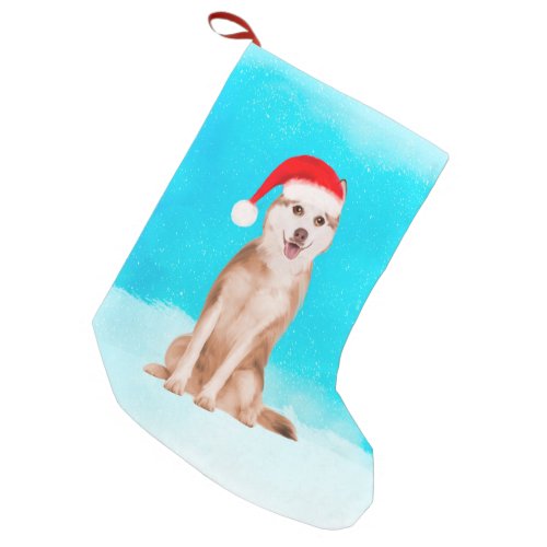 Siberian Husky Dog In Snow with Christmas Hat Small Christmas Stocking
