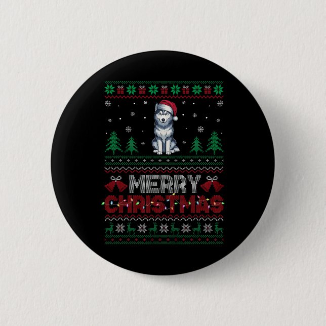 Siberian Husky Dog Lovers Santa Hat Christmas Tree Button (Front)