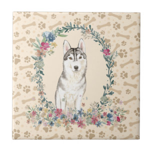 Siberian Husky Dog Paw Print Floral Cute Beige Ceramic Tile