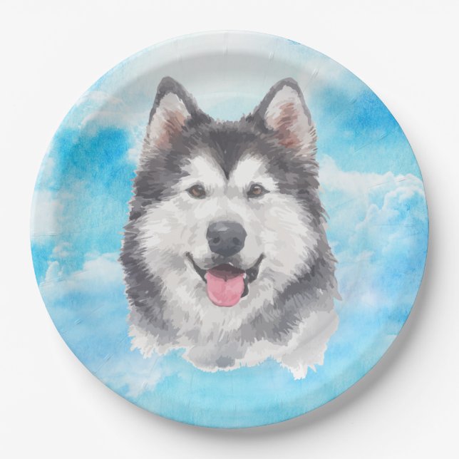 Siberian Husky Dog Pet Watercolor Paper Plates (Front)