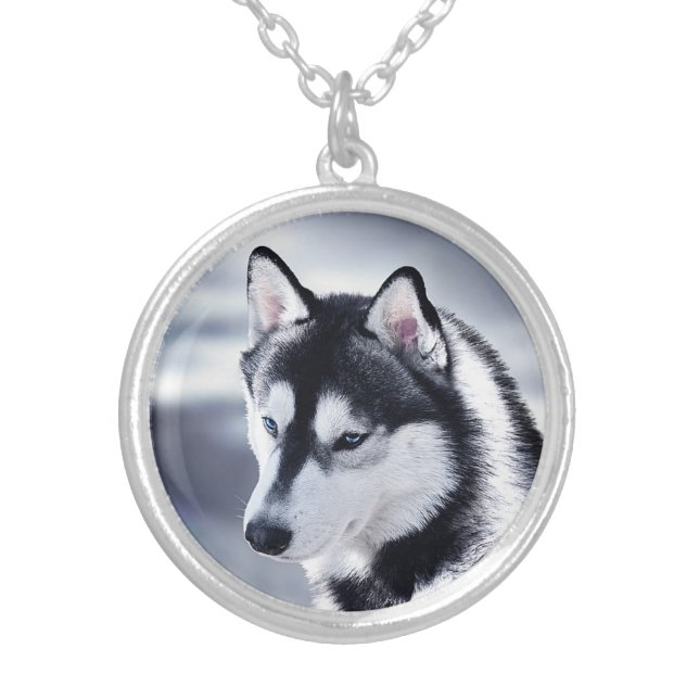 Siberian Husky Dog Portrait Silver Plated Necklace (Front)
