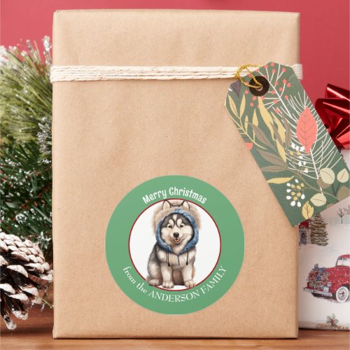 Siberian Husky Dog Pup in Winter Hoodie Christmas Classic Round Sticker