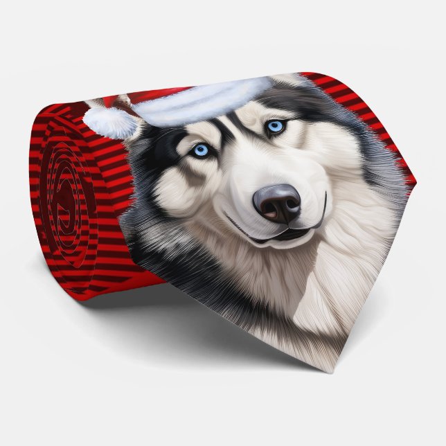 Siberian Husky Dog Red Buffalo Plaid Christmas Neck Tie (Rolled)