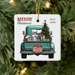 Siberian Husky Dog Retro Truck Christmas Ceramic Ornament