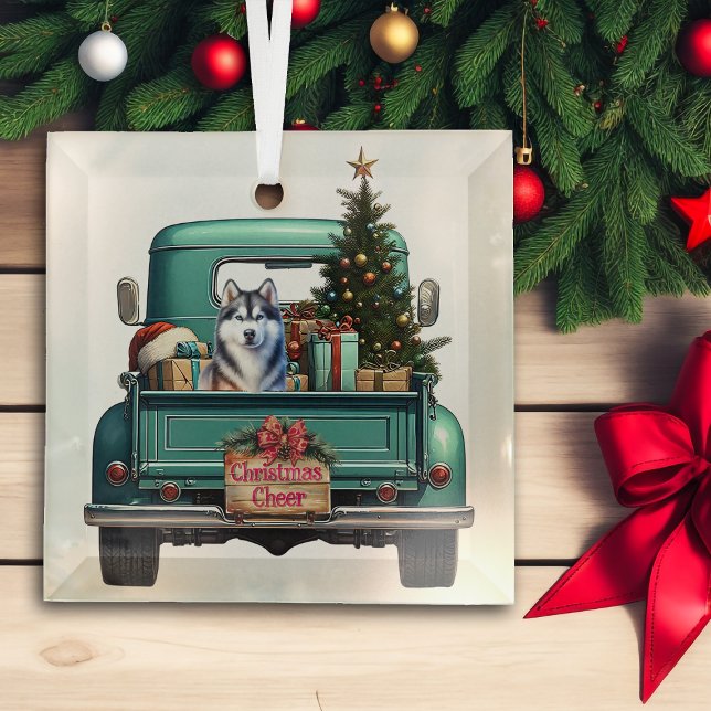 Siberian Husky Dog Retro Truck Christmas Glass Ornament (Creator Uploaded)