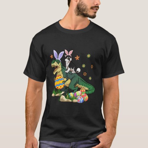 Siberian Husky Dog Riding Dinosaur Egg Easter Day T_Shirt