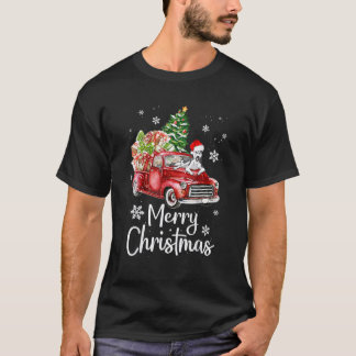 Siberian Husky Dog Riding Red Truck Christmas Tree T-Shirt