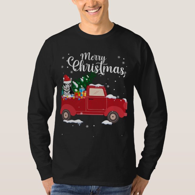Siberian Husky Dog Riding Red Truck Christmas Xmas T-Shirt (Front)