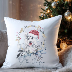 Siberian Husky Dog Santa Hat Wreath Holiday Throw Pillow