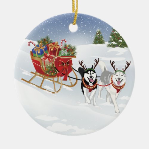 Siberian Husky Dog Sledding With Christmas Sleigh Ceramic Ornament