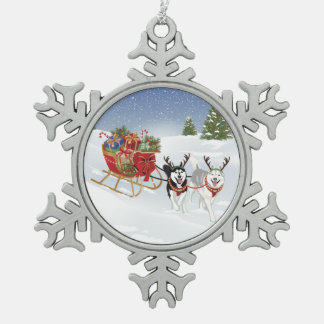 Siberian Husky Dog Sledding With Christmas Sleigh! Snowflake Pewter Christmas Ornament