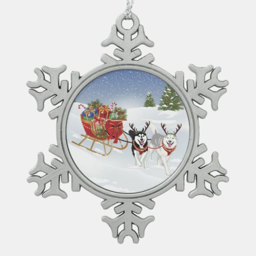 Siberian Husky Dog Sledding With Christmas Sleigh Snowflake Pewter Christmas Ornament