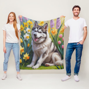 Siberian Husky Dog Spring Flowers Painting Fleece Blanket