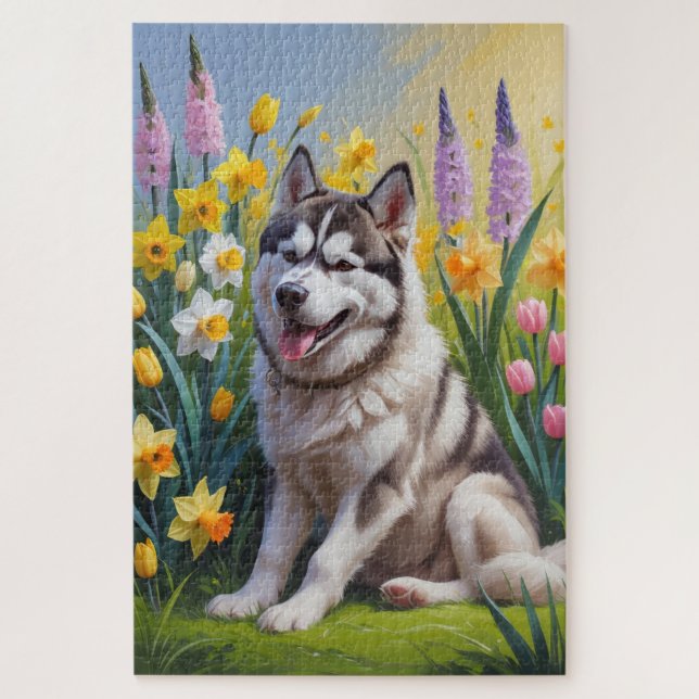 Siberian Husky Dog Spring Flowers Painting Jigsaw Puzzle (Vertical)