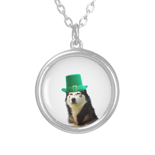 Siberian Husky Dog St. Patrick's day Silver Plated Necklace (Front)