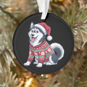 Siberian Husky Dog Ugly Sweater Santa Hat Xmas Ornament