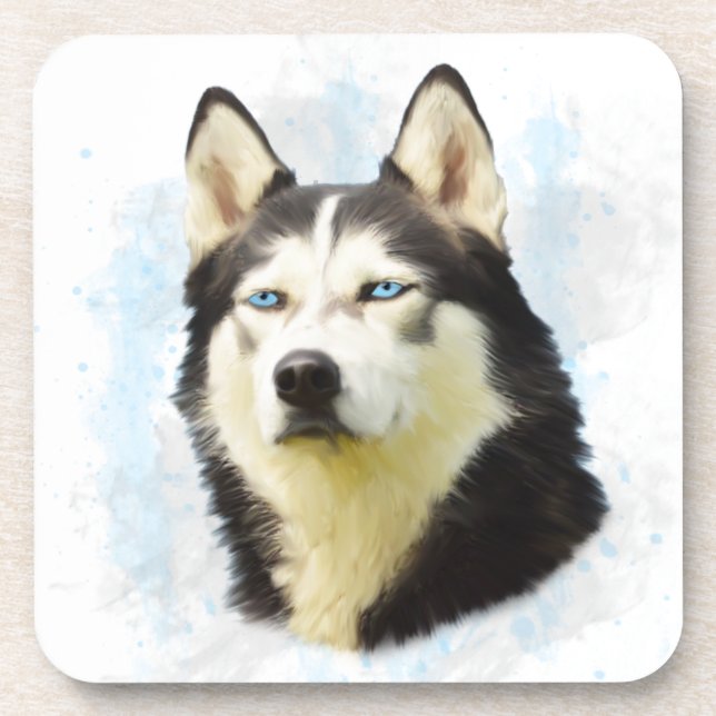 Siberian Husky Dog Water Color Art Painting Beverage Coaster (Front)
