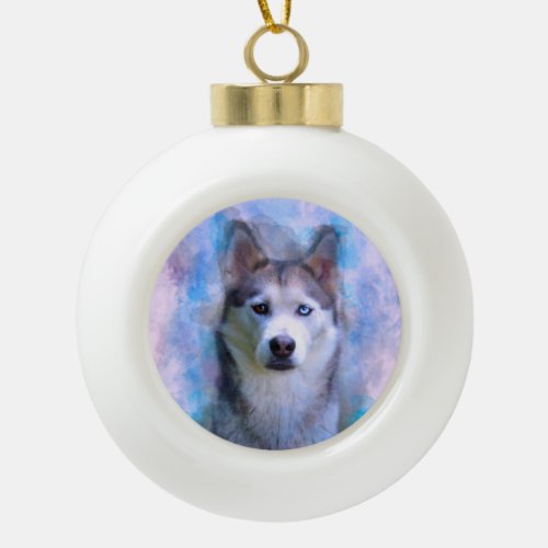 Siberian Husky Dog Water Color Art Painting Ceramic Ball Christmas Ornament