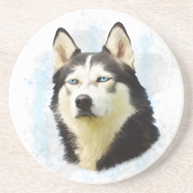 Siberian Husky Dog Water Color Art Painting Coaster (Front)