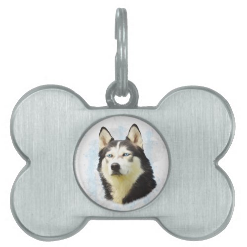 Siberian Husky Dog Water Color Art Painting Pet Name Tag